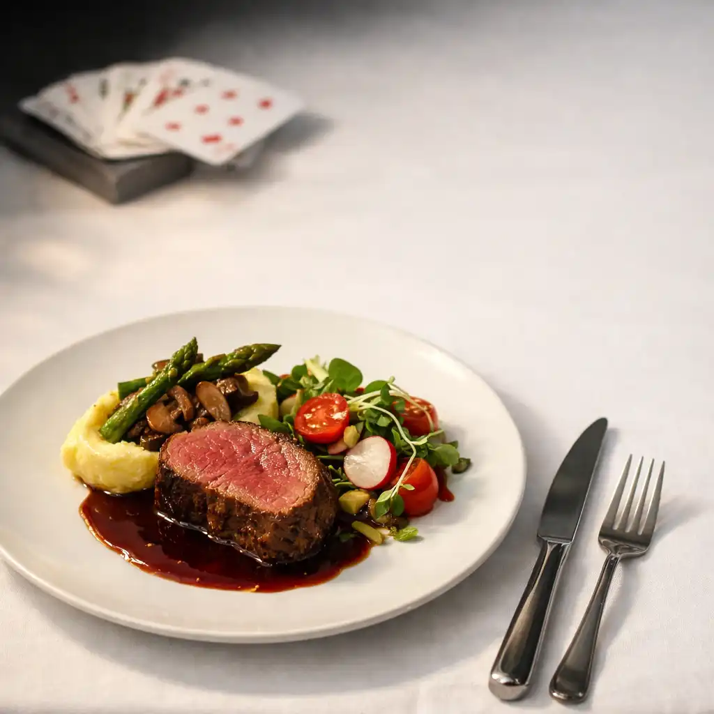 A composed restaurant plate and cutlery with cards subtly visible in the background