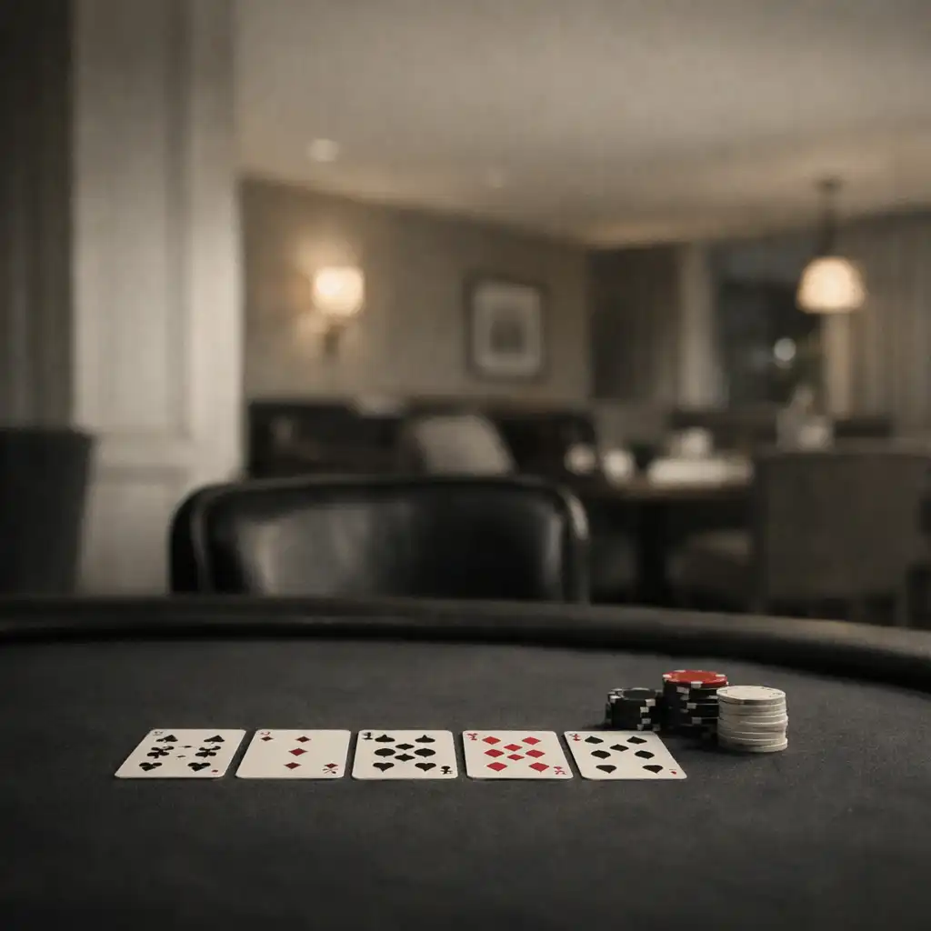 A quiet in-person card room with cards and chips arranged on a dark table