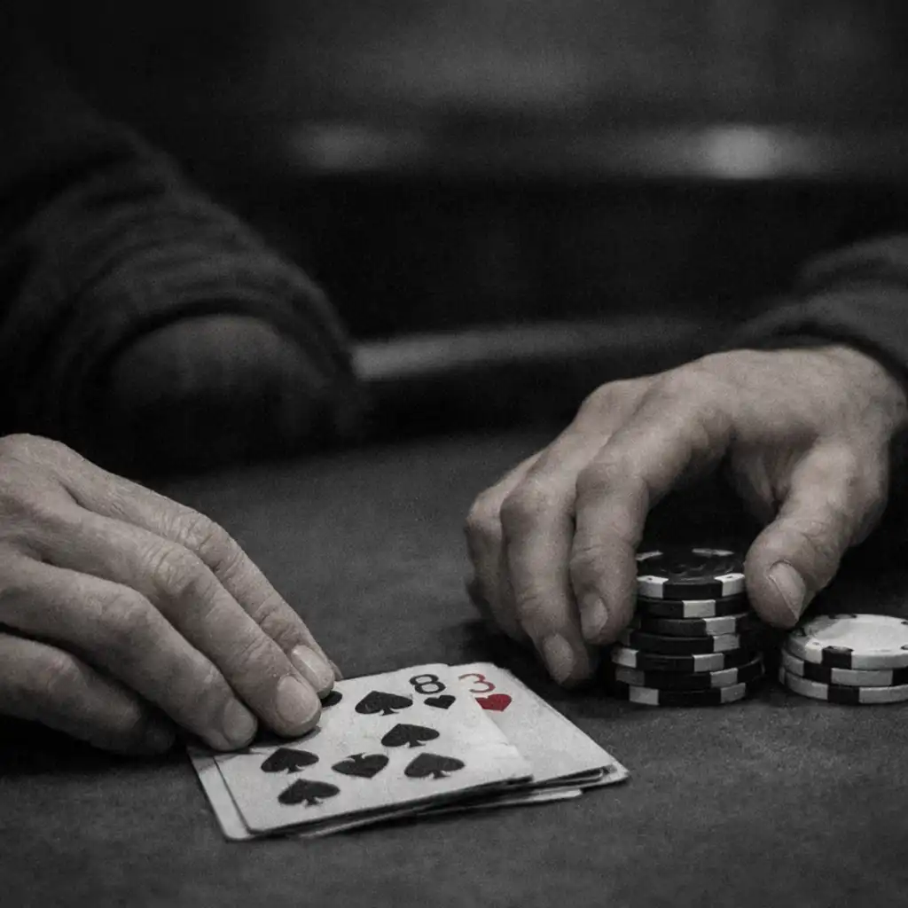 Anonymous hands arranging cards and poker chips on a card-room table
