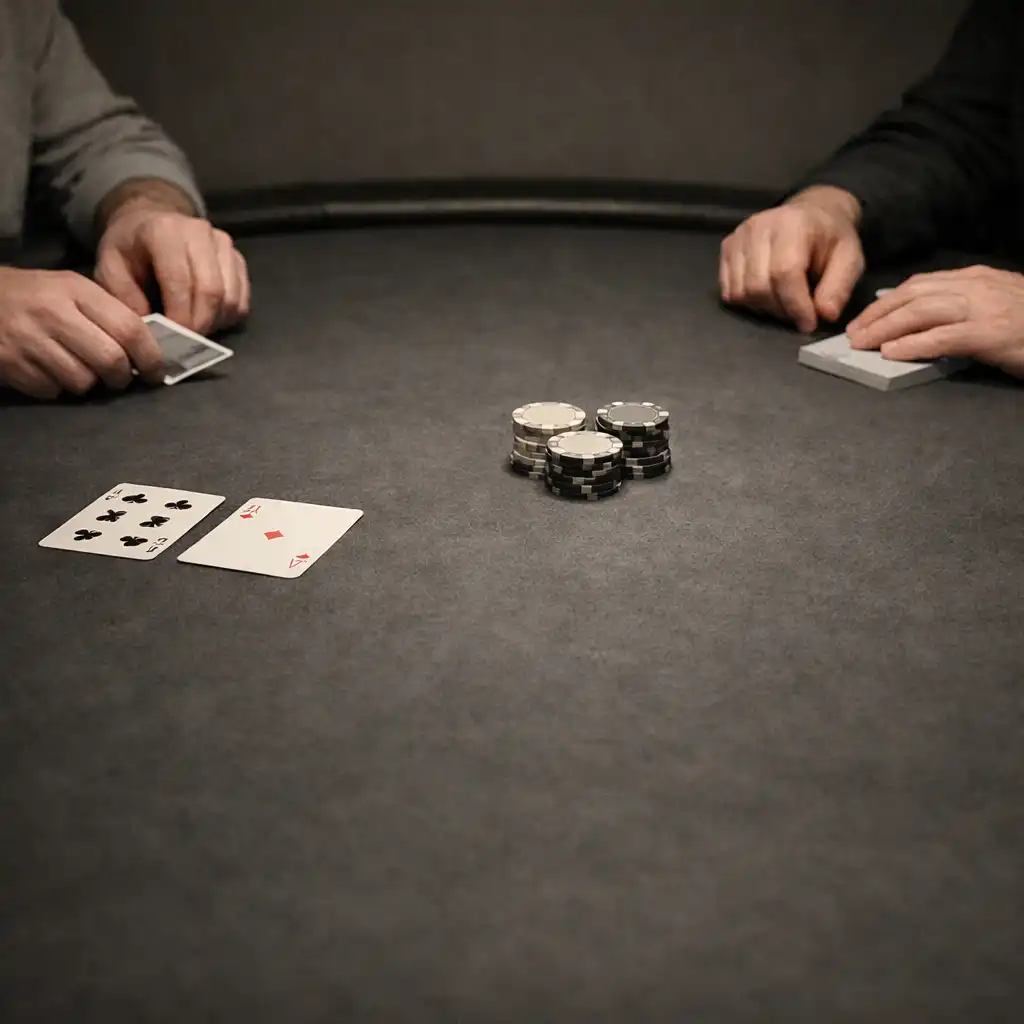 Anonymous hands, cards and a small group of chips on a quiet poker table