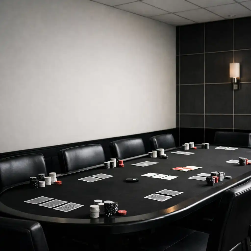 A composed card-room table with cards and poker chips at Luck and Lantern