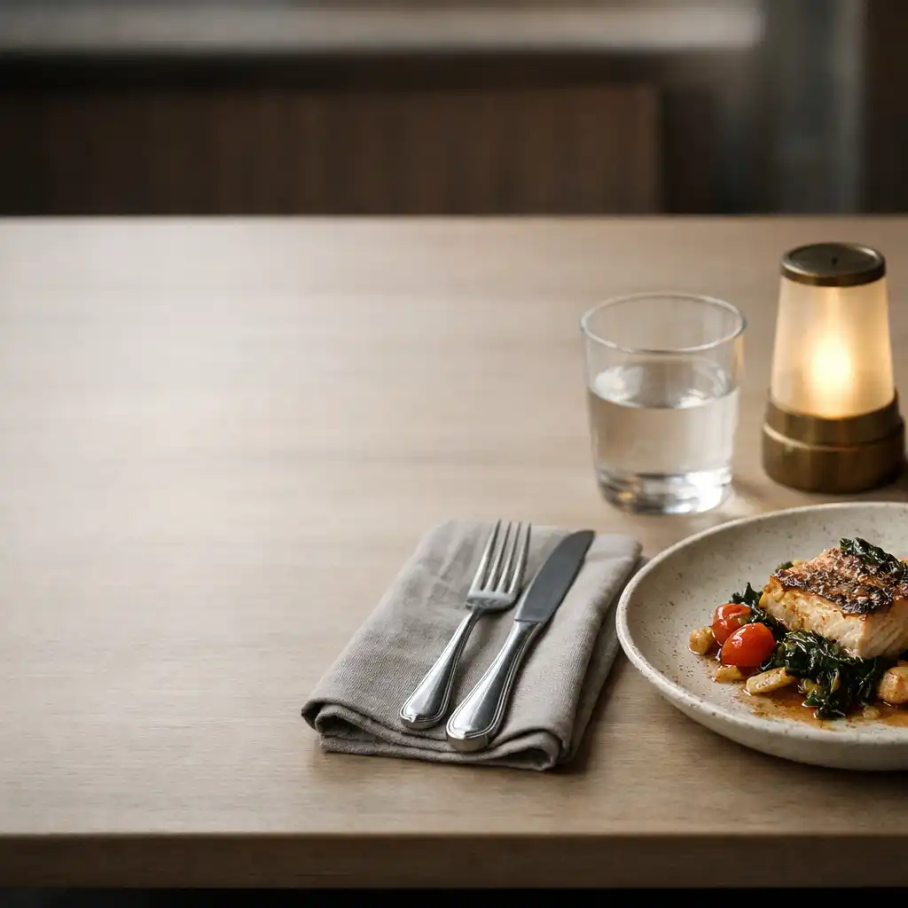 A composed dining table with linen, cutlery, water glass and a small table light
