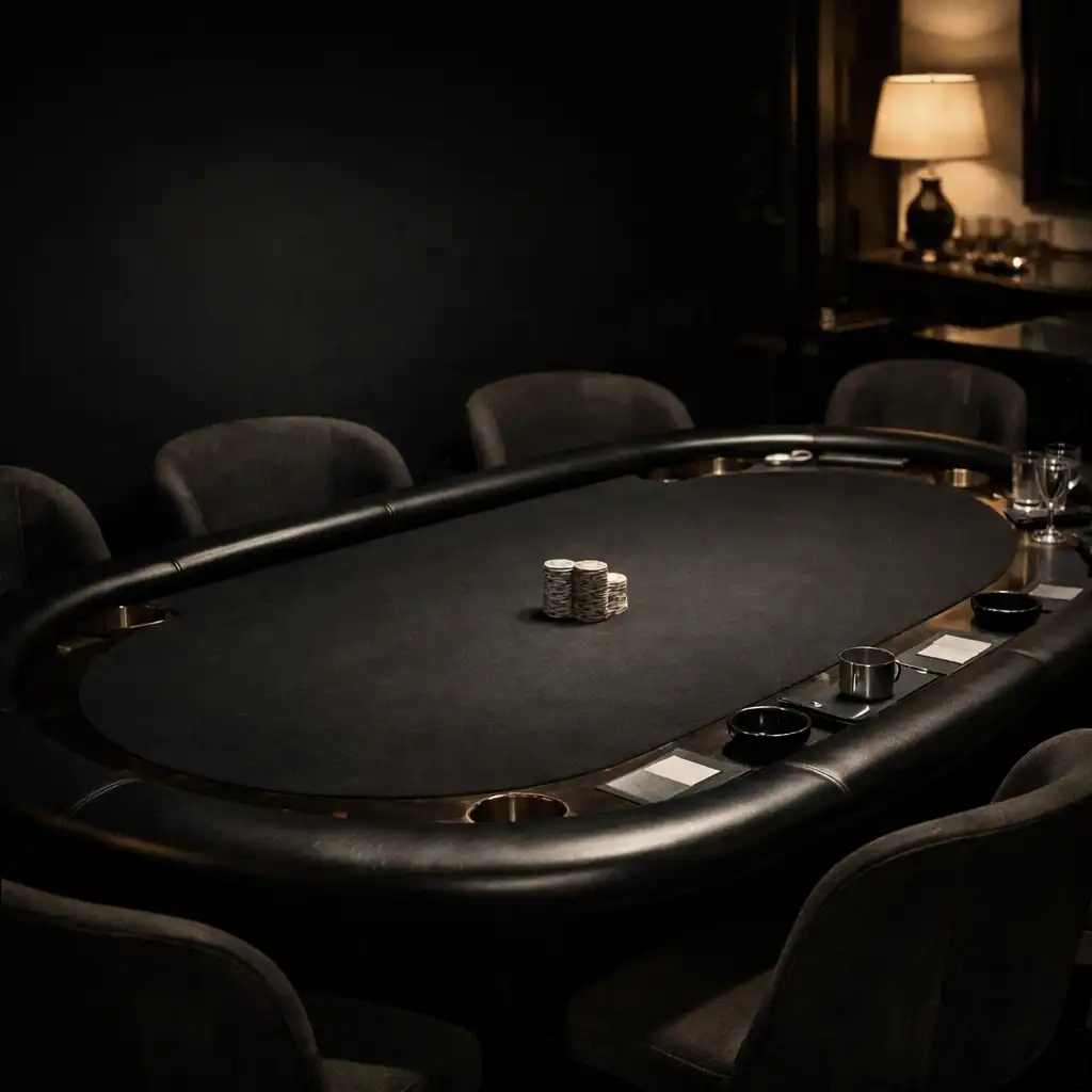 A composed dark felt poker table in Luck and Lantern’s card-room setting.