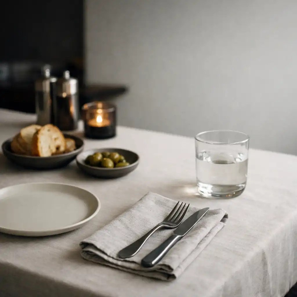 A refined restaurant table set with simple plates, cutlery, linen, and a modest food detail.