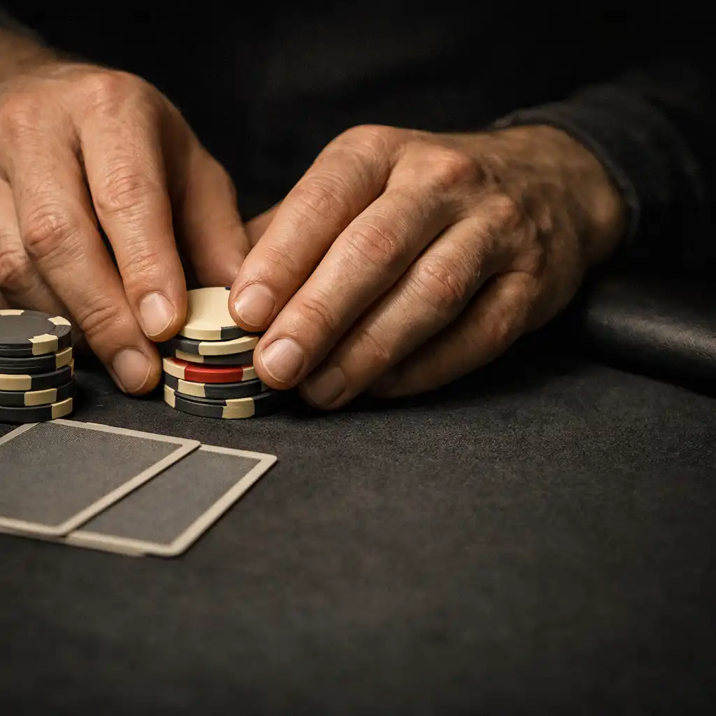 Hands arranging neutral chips beside face-down unbranded cards on a dark felt table.