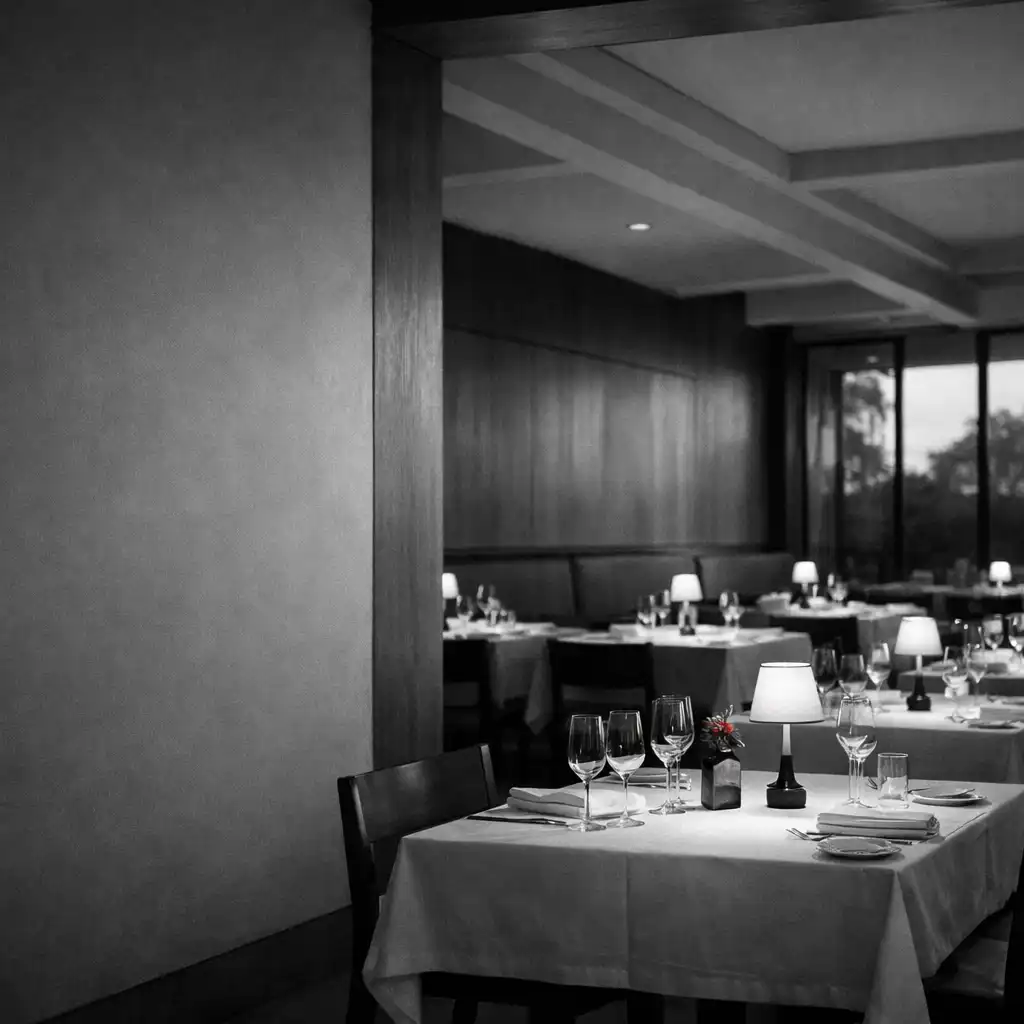 Desaturated view across tables in the Luck and Lantern dining room