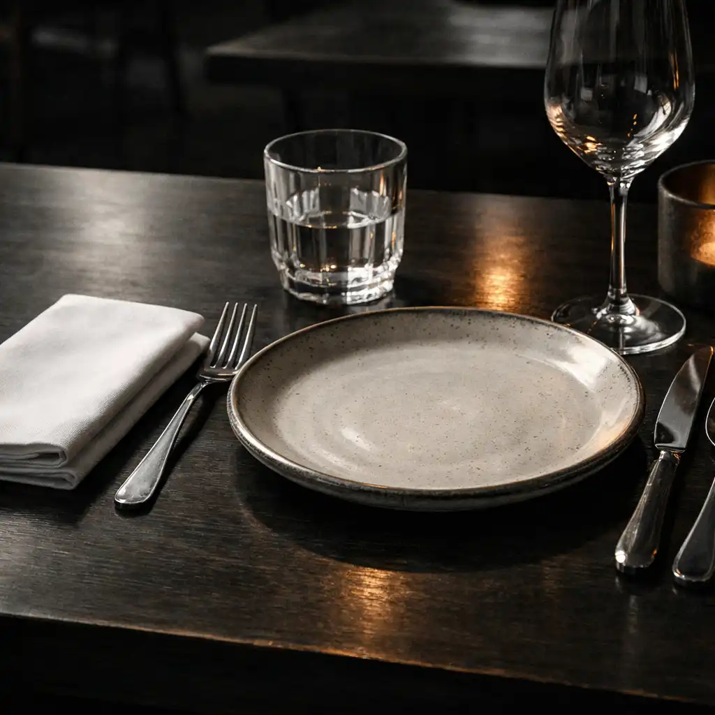 A restrained restaurant table setting with plate, glassware and evening light