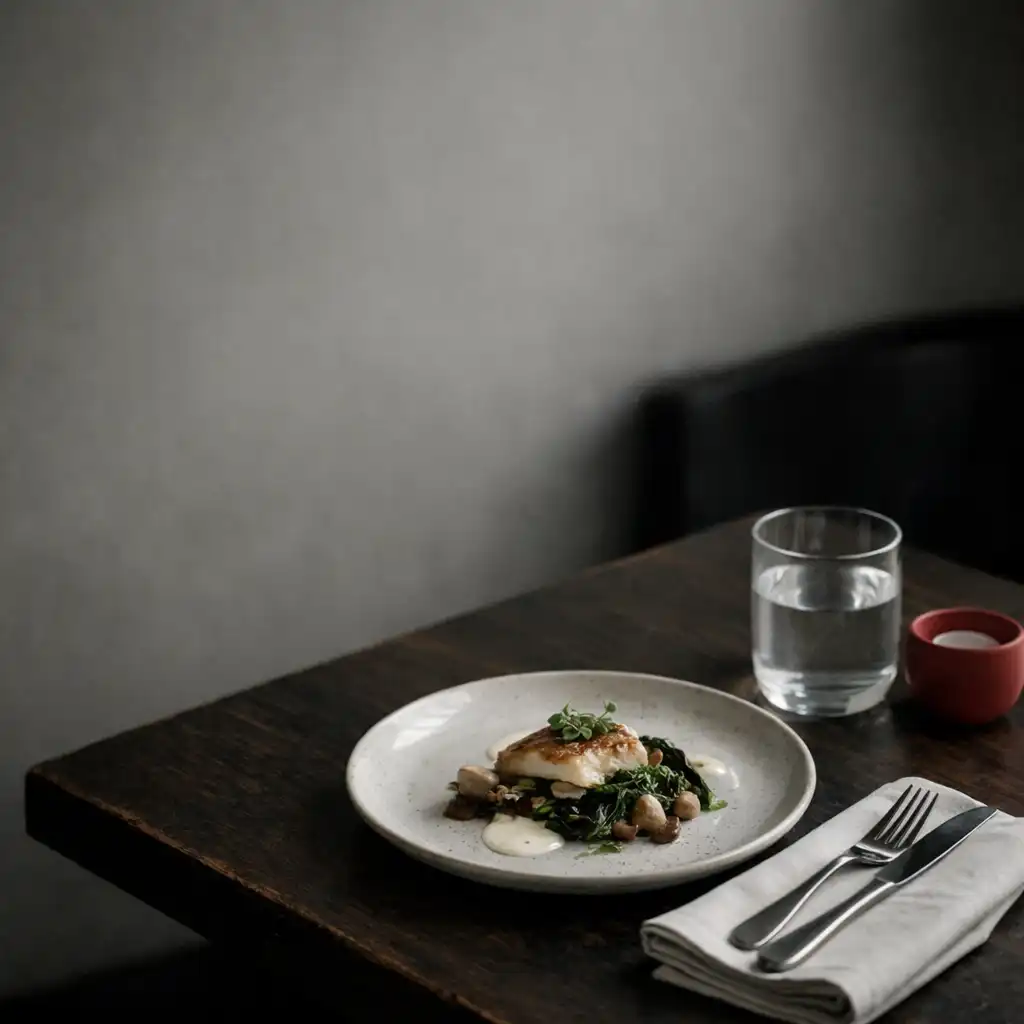 A composed plate, folded linen and cutlery arranged on a dark dining table.