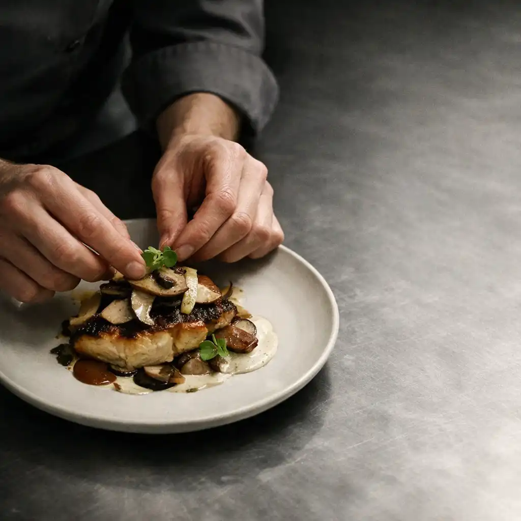 Hands making a careful final adjustment to a composed plate in a kitchen.