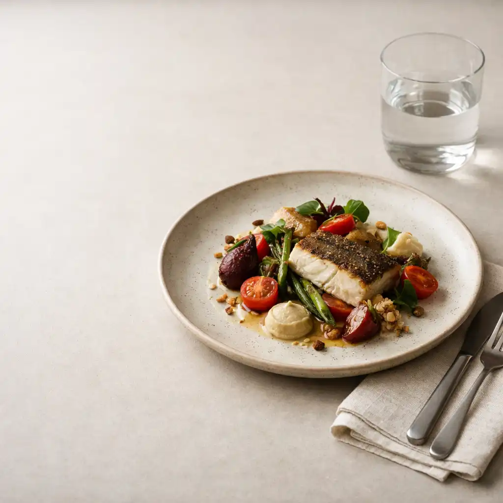 A composed restaurant table with a plated dish, linen, cutlery and water glass