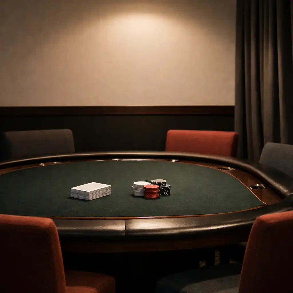 A refined card room with a dark poker table, cards and plain chips