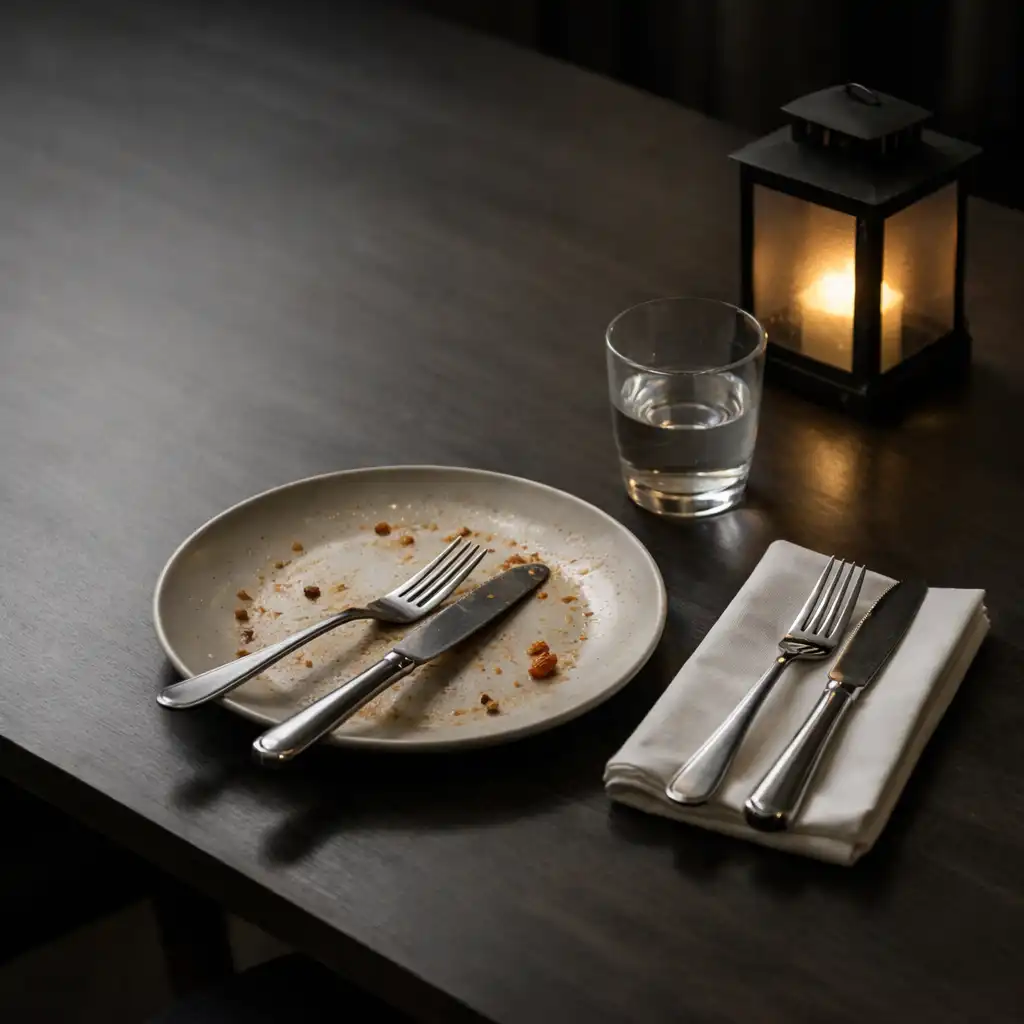A composed dining table with a plate, folded napkin, cutlery and water glass