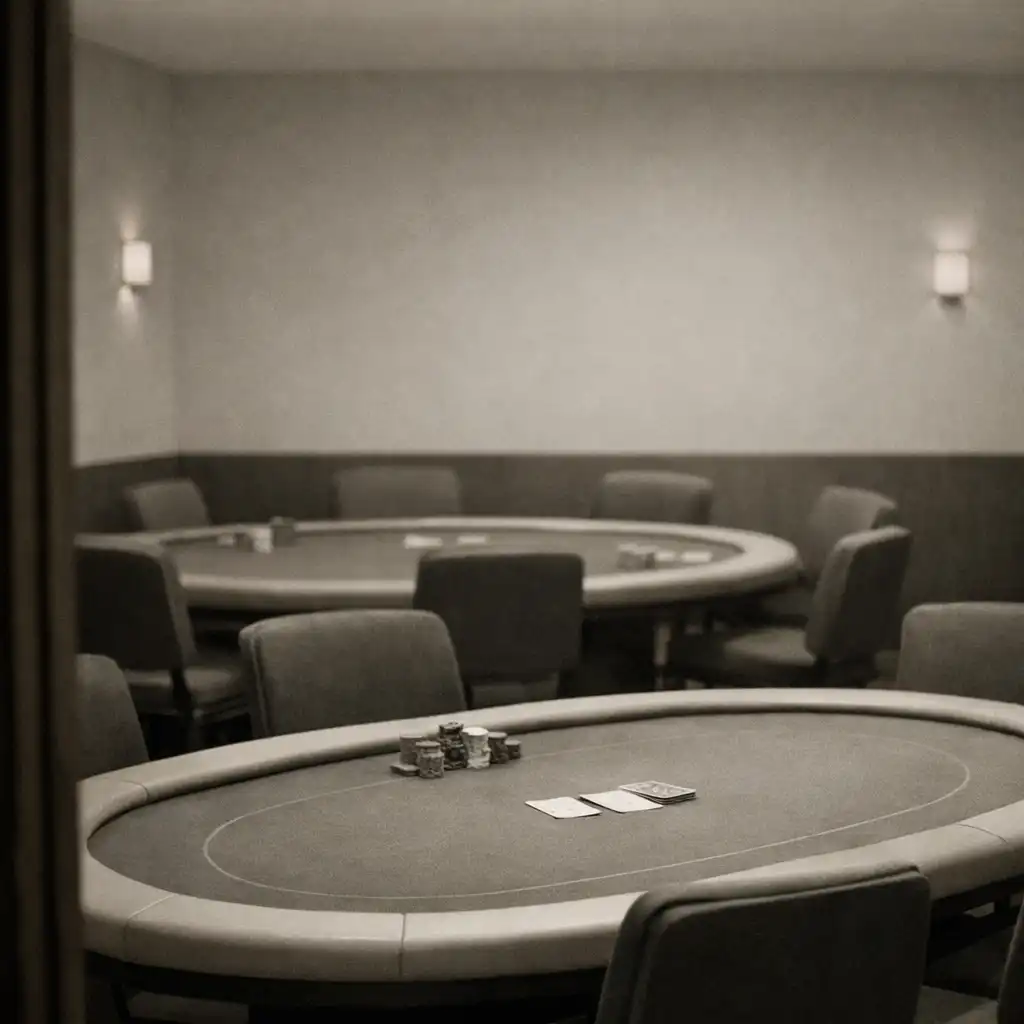 A quiet view across neatly arranged poker tables in Luck and Lantern's physical card room.