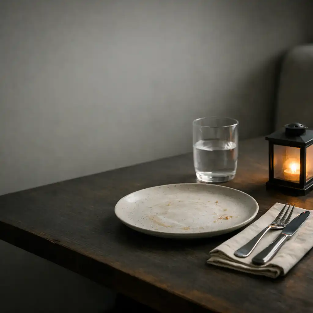 A refined restaurant table setting with a ceramic plate, folded napkin, water glass, and warm lantern-like light.