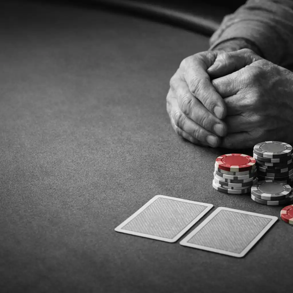 Hands, face-down cards, and a modest arrangement of chips on a poker table.