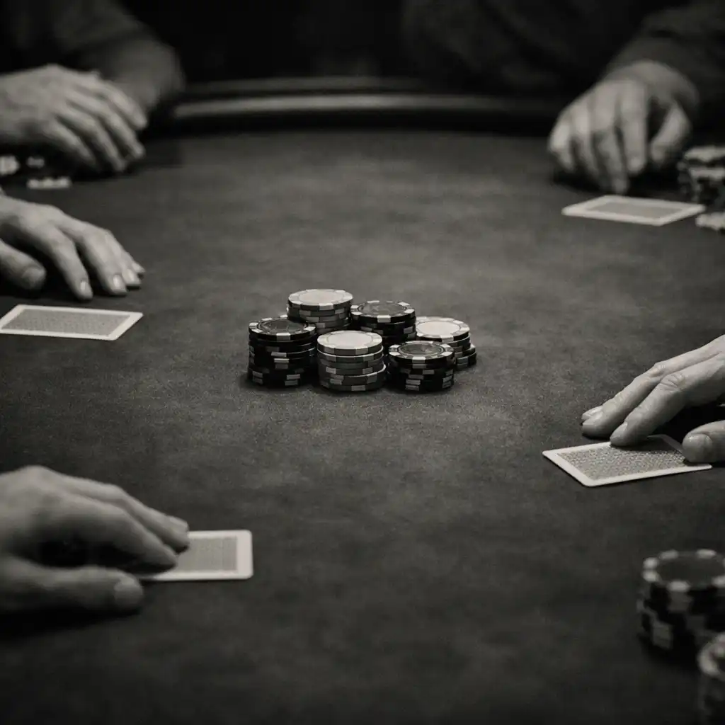 Anonymous hands around cards and physical chips on a dark Texas Hold’em table