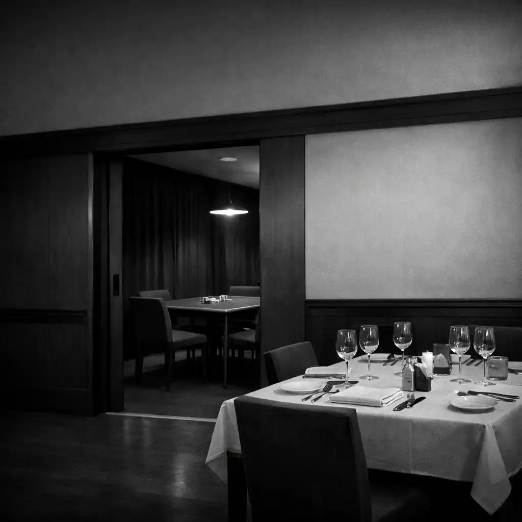 A set dining table near a quiet threshold leading toward the card room